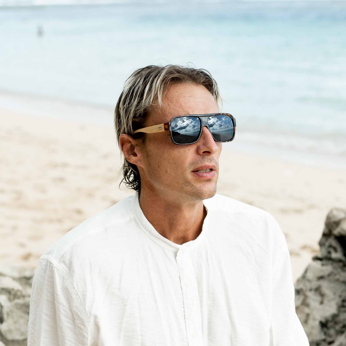 Man wearing square sunglasses from Mokki